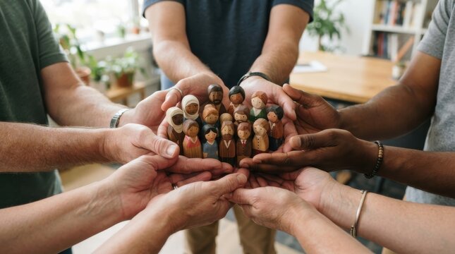 Diverse group of people holding hands together around wooden figures