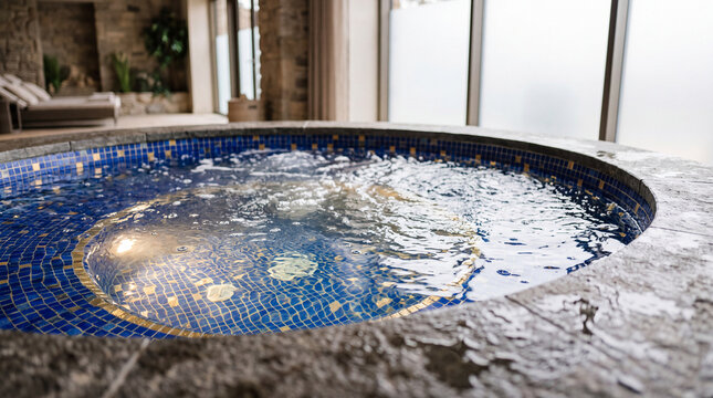 Luxury indoor hot tub spa with blue mosaic tiles and bubbling jacuzzi for relaxation