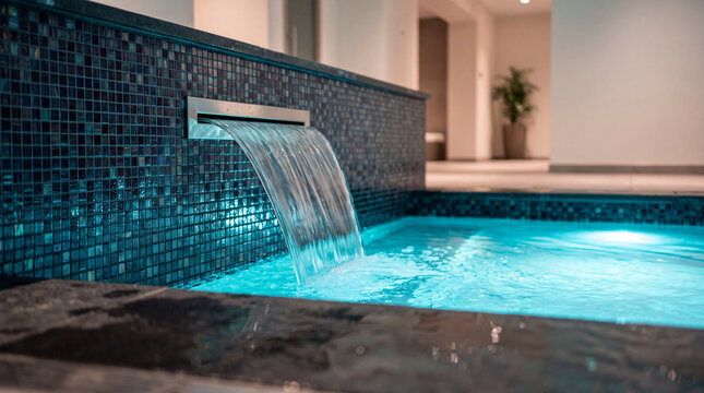 Modern indoor spa pool with mosaic tile waterfall and ambient blue lighting for luxury relaxation