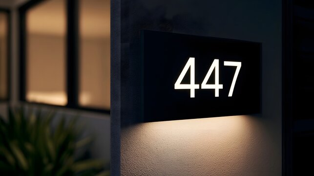Illuminated house number 447 mounted on textured wall with warm ambient lighting and blurred window background