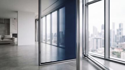 Fototapeta premium Modern office interior with glass partition and city skyline view from floor-to-ceiling windows