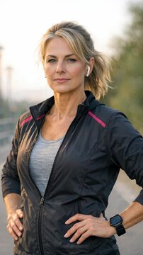 Athletic woman in sport jacket and wireless earbuds during outdoor fitness session