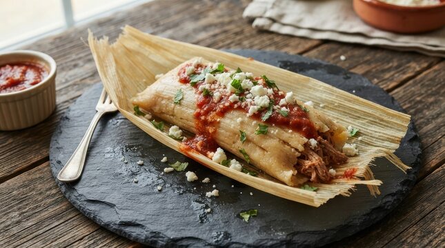 Delicious pork tamale served on corn husk with red salsa and cheese