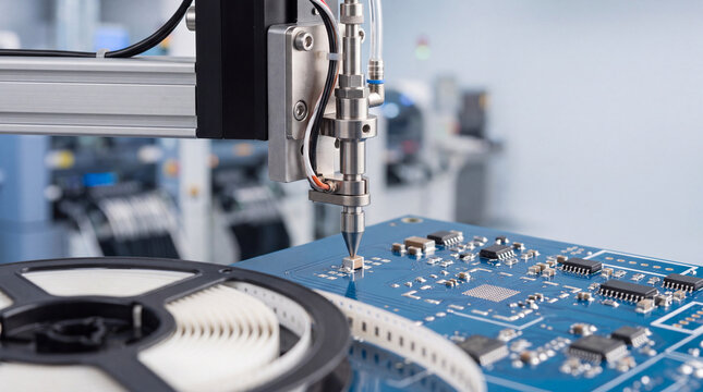 Automated pick-and-place machine assembling PCB circuit board components in electronics manufacturing facility