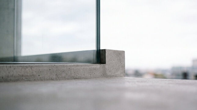 Close-up of glass railing set in concrete on minimal modern balcony overlooking cityscape