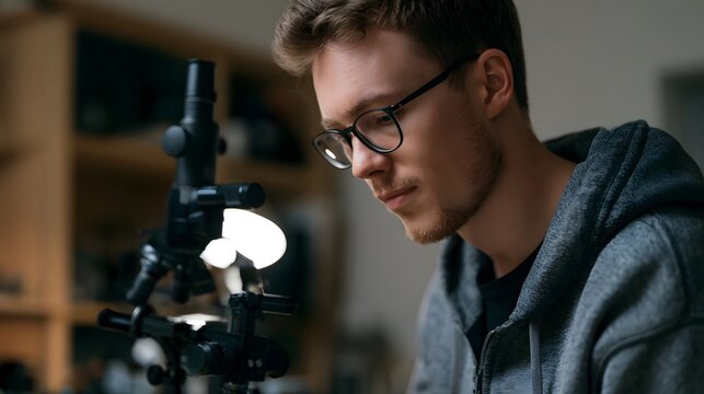 Young man with glasses intently looking through a microscope in a softly lit indoor setting with wooden shelves in background