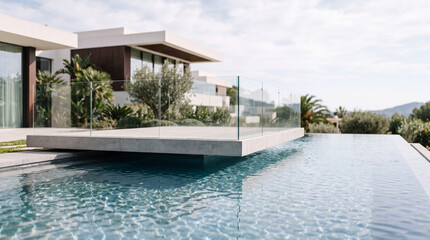 Fototapeta premium Modern luxury villa with infinity pool, glass railing and minimalist terrace overlooking mediterranean landscape