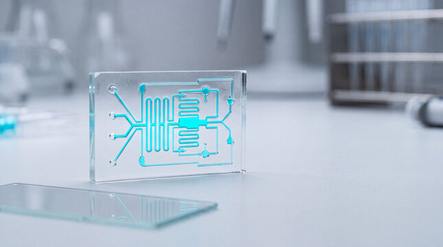 Microfluidic chip in laboratory setting with blue microchannels for biomedical research and diagnostics