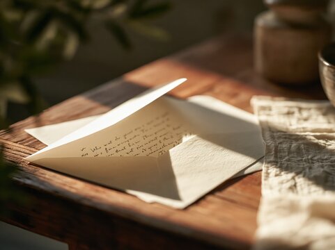 Letter in open envelope on wooden table with warm light