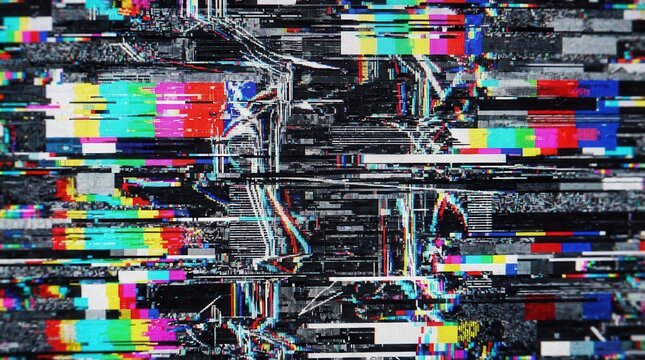 Digital television glitch with color bars and static noise