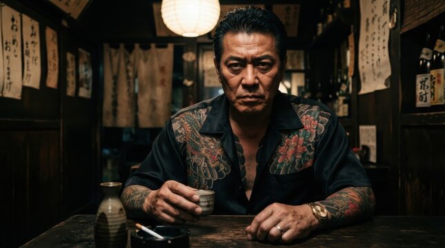 Serious middle-aged Japanese man with tattoos sitting in traditional pub
