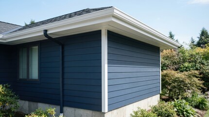 Fototapeta premium Exterior view of modern house with blue siding and white gutters