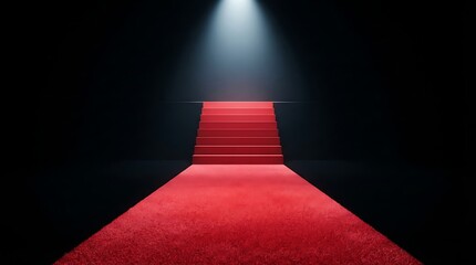 Obraz premium Red carpet staircase leading to a brightly illuminated platform standing inside a dark empty studio space