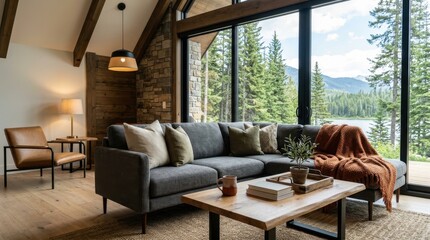 Naklejka premium Modern luxury living room interior with large windows and forest view