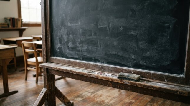 Vintage blackboard with wooden frame in an empty old classroom