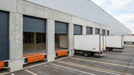 Fototapeta premium Loading docks of a modern distribution warehouse with parked trucks