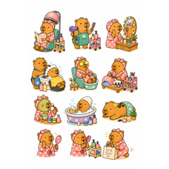 Fototapeta premium Capybara Spa Day Sticker Set with Beauty Salon and Self Care Activities