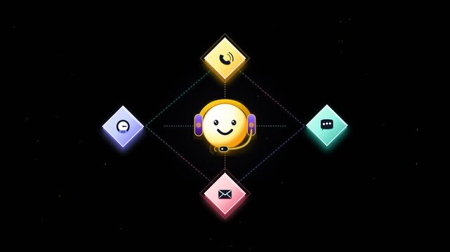 3D Chatbot Avatar with Glowing Customer Support Icons Animation