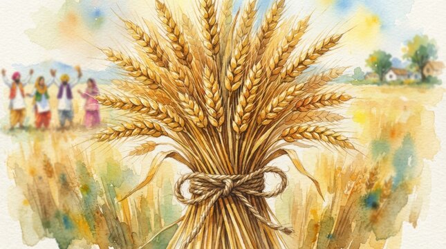 Watercolor painting of wheat sheaf with dancing figures in background
