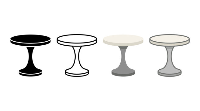 Set of Round Pedestal Table Vector Icons in Multiple Styles: Silhouette, Outline, and Shaded 2D Illustration, Modern Furniture Graphic isolated on White Background for Interior Design