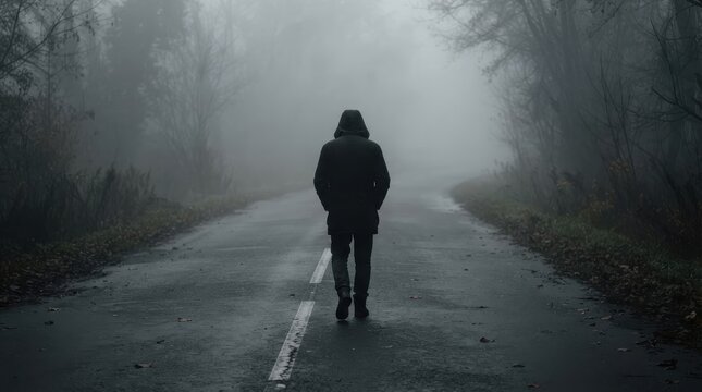 Lonely person walking on a foggy road in a dark forest