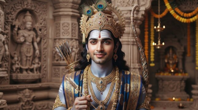 Lord Rama holding bow and arrow in ancient Indian temple