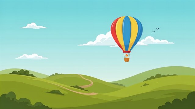 A colorful hot air balloon floats above rolling green hills under a bright blue sky with landscape gentle green drifts over landscape hills winding dirt