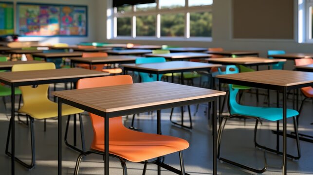 Empty classroom with rows of colorful chairs and desks, natural light streaming through windows