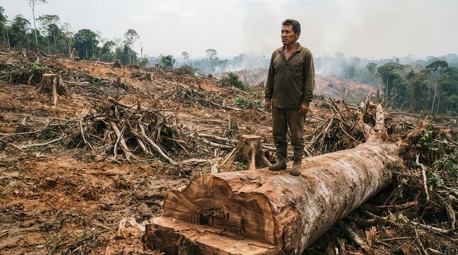 Indigenous man standing on a fallen tree trunk in a deforested rainforest