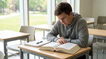 Obraz premium Focused Male Student Studying Textbook At Desk Near Classroom Window