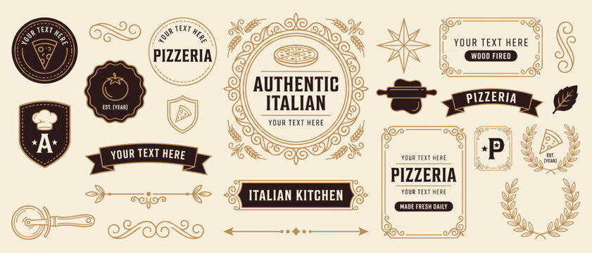 Pizzeria vintage logo template set with Italian kitchen badges labels ribbons and ornamental frames for restaurant branding design