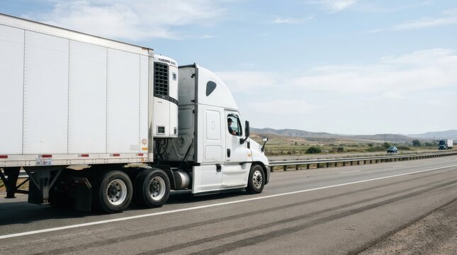 White semi truck driving on highway