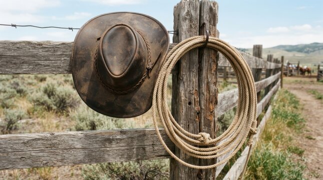 Leather cowboy hat and lasso rope hanging on a wooden ranch fence