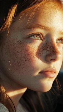 Close-up portrait of a girl with freckles and red hair in golden light