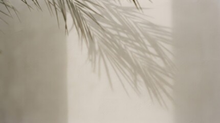 Obraz premium Palm tree frond shadow cast on neutral wall background