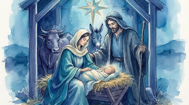 Watercolor nativity scene with holy family and animals