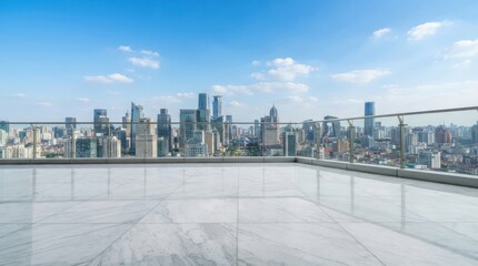 Naklejka premium Modern empty balcony with glass railing overlooking city skyline