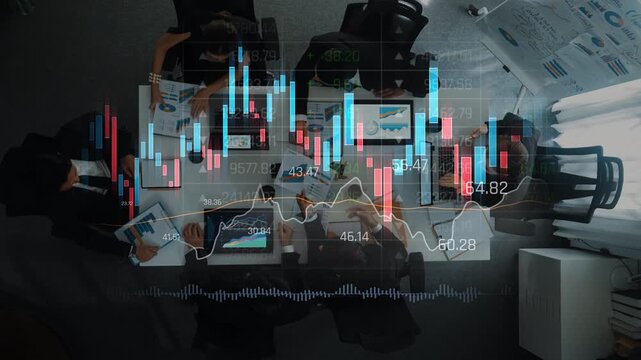 A modern office scene showcasing a diverse team engaged in a financial data analysis meeting. Charts and graphs illustrate current stock market trends and insights. Raster