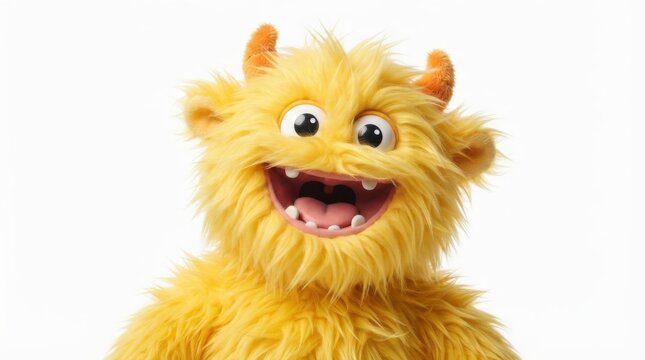 Cute yellow furry monster puppet smiling