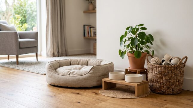 Comfortable beige pet bed sitting on wooden floors beside a stylish ceramic water bowl and a green potted plant indoors