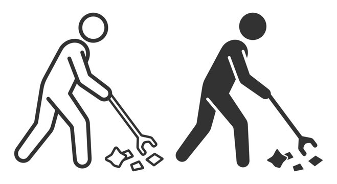 human figure using grabber tool picking up litter garbage icon set on transparent background