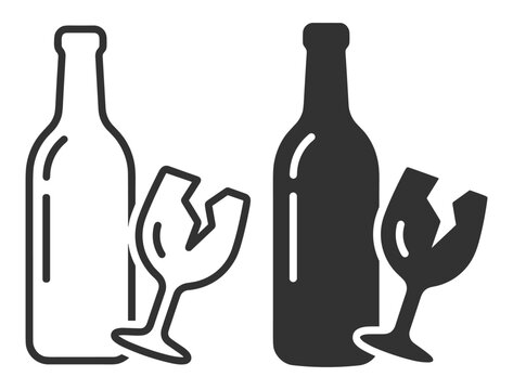 broken wine glass and bottle icon set in outline and filled styles on transparent background