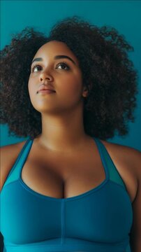 Woman with Curly Hair Looking Up in Sports Bra against Teal Background
