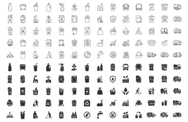 Fototapeta premium set of thin line and solid black recycling and waste management icons in vector style on transparent background