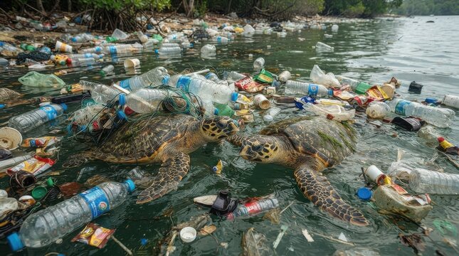 Sea turtles swimming in polluted ocean water with plastic waste and trash