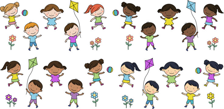 simple fun set of diverse cartoon kids children with big heads multiple races playing vector illustration on transparent background