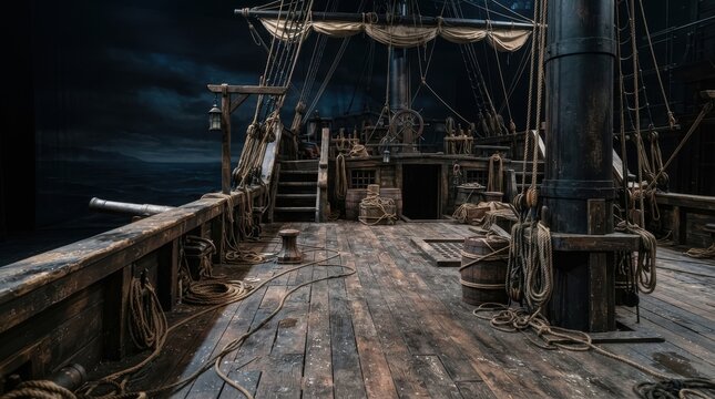 Wooden deck of a vintage sailing ship with ropes and barrels