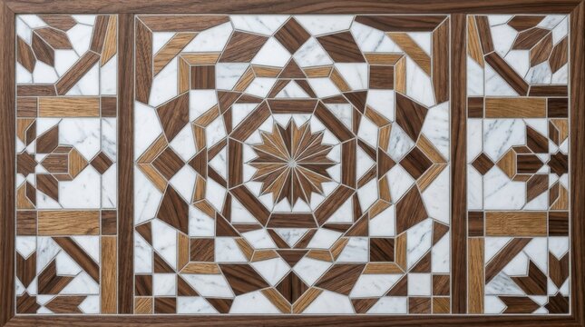 Geometric wooden and marble marquetry pattern inlay