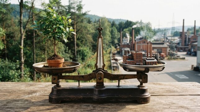 Old scale balancing a potted tree against a miniature industrial factory