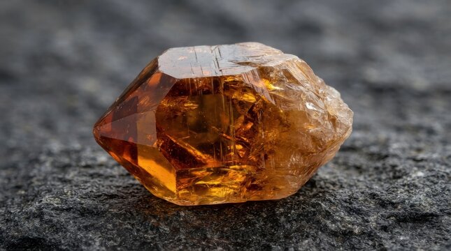 Raw imperial topaz crystal on dark stone surface